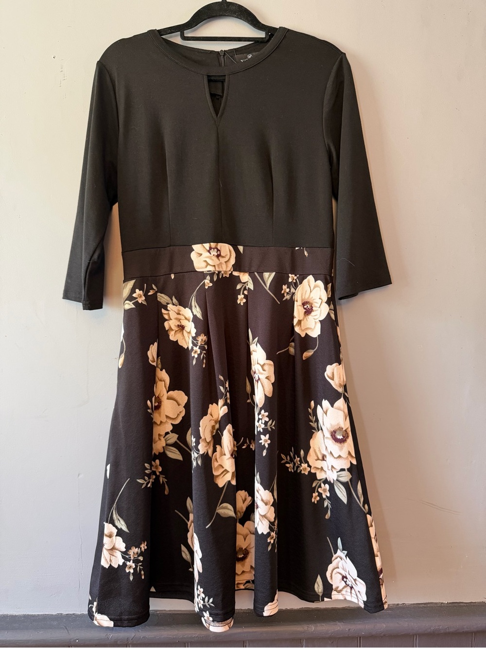 Black Midi Dress with Cream Floral Skirt and Pockets